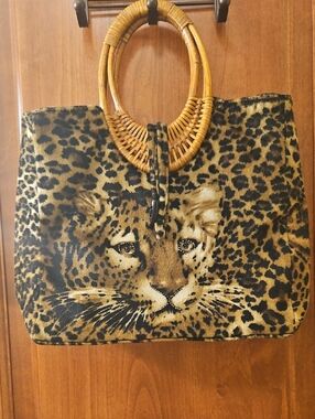 Vintage 80s Cheetah Bag With Rattan Handle. Fantasic Condition No Wear!